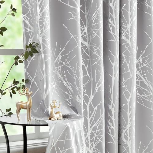 FMFUNCTEX Grau Silber Blickdichte Vorhänge Metallic Zweig Muster Verdunkelungsvorhänge mit Ösen Thermovorhang Hitzeschutz Gardinen für Wohnzimmer Schlafzimmer 2er Set, 225 x 132 cm (H x B)