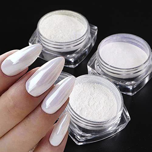 GZMAYUEN Nail Chrome Powder Pearl White 3Pcs Pearl Effect Nägel Pulver Nail Art Pigment Aurora Pearl Pigmentpulver Nägel Mirror Pearl Chrome Nagelpuder