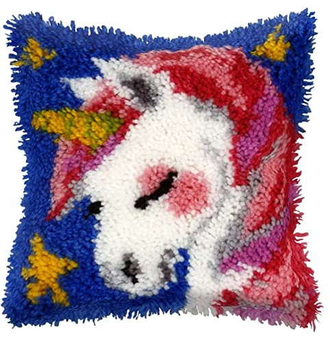 ROCKY&CHAO Knüpfteppich Zum Selber Knüpf-Sets mit Kissen knüpfen-Set 43x43cm Kissenbezug-Set für Erwachsene und Kinder Latch Hook Kit Heimaccessoire（Einhorn）