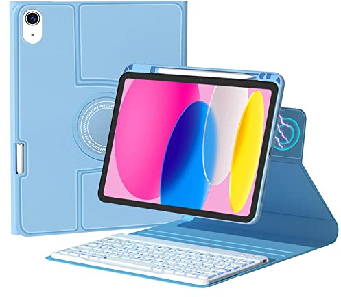 QYiiD Custodia con tastiera retroilluminata girevole per iPad 10a generazione 2022, custodia per iPad 10 con tastiera, tastiera wireless rimovibile retroilluminata a 7 colori con cover ibrida