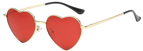 JCTAIFOO Polarisierte Herz Sonnenbrille für Damen Vintage Mode Liebe Form Gold Metallrahmen Nette Party Festival Brille Gold/Rot