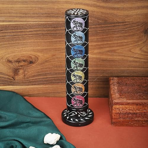 Ajuny Brûleur d’Encens Tour en Marbre Noir avec Sculpteur Éléphant – Porte-Encens Rond en Stéatite avec Récupérateur de Cendres pour Bougie Chauffe Plat Yoga Méditation Parfum et Décoratif