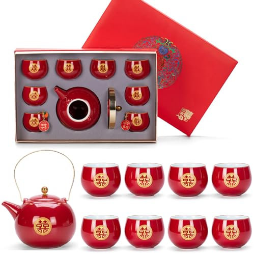 Service à thé de mariage traditionnel chinois en porcelaine rouge double Happiness KungFu Service à thé 1 théière 8 tasses à thé 1 coffret cadeau pour cérémonie, fête de mariage, décoration