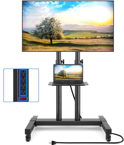 Rfiver Upgraded Mobile TV Stand with Power Outlet for 32-85 Inch TVs, Heavy Duty Rolling TV Cart on Wheels up to 132 lbs, Height Adjustable Portable TV Stand with AV Shelf for Bedroom, Home, Office