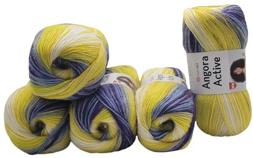 5 x 100 g Ilkadim Export Angora Active Strickwolle mehrfarbig mit Farbverlauf, 500 Gramm Strickgarn mit 20% Wolle, Farbverlaufswolle (lila blau gelb weiss 854)