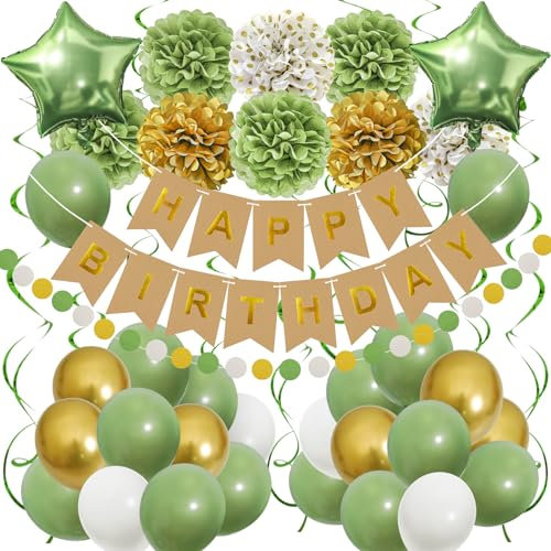 Recosis Salbei Grün Geburtstag Dekorationen, Happy Birthday Dekorationen mit Banner für Frauen Jungen Mädchen Dinosaurier Safari Olivgrün Party Dekorationen Wild One Geburtstag Party Zubehör