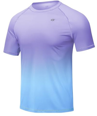 Huayuzh Men's Watersport Rash Guards Swimming Shirts UV Swim Top UPF 50+ Quick Dry Short Sleeve Surfing Running Sports Top Purple Gradient Sky Blue M