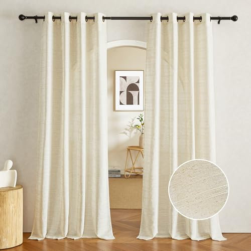 PONY DANCE Wohnzimmer Vorhänge Leinen Boho Ösenvorhang 2er Set H 260 x B 140 cm Leinenoptik Gardinen mit Linien Leinenvorhang Halbtransparent Linen Curtains for Living Room, Natur