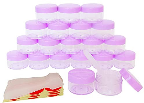 Wopanxye 20pcs 15 Gram Empty Jars, Small Cosmetic Sample Container, 15ml Plastic Round Pot Purple Screw Cap Lid, Tiny 15g Bottle for Makeup Eye Shadow Nails Powder Creams Lip Balm, Free 20 Spatulas