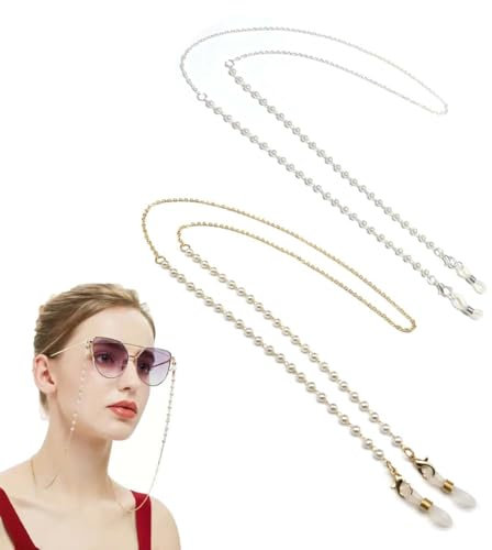 LLGSDLL 2 Stück Brillenkette Perle Brillenkette, RutschfesteAnti Lost Brillenkette Damen, Gesichtsmasken Lanyard, Brillenband für Sonnenbrille Lesebrille Sportbrillen(Gold und Silber)