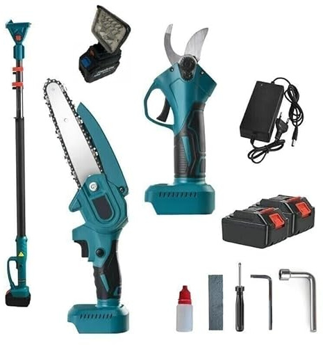 21 SHOP® Kit Set per potatura a batterie forbice cesoie con 2 batterie e motosega 6 con asta telescopica + Luce led