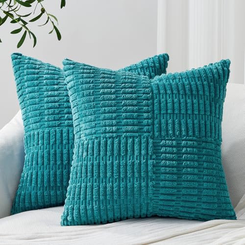Topfinel 2er Set Kordsamt Kissenbezug 40x40 Türkis Couchkissen Kissenhüllen Sofakissen Zierkissenbezüge Dekokissen Boho Kissenbezüge für Sofa Schlafzimmer Kinderzimmer Patchwork Design