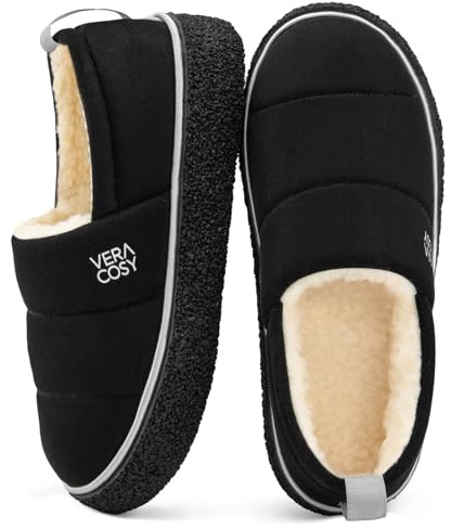 VeraCosy Women's Quilted Closed-back Slippers Technical Fabrics Warm Soft Comfy Non-slip Memory Foam Indoor House Shoes Classic Black, 7-8 UK