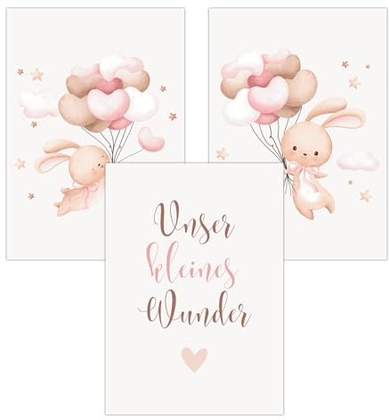 FAVELOT Poster Kinderzimmer Mädchen A4 - Hasen, Herzen, Rosa - Bilder Babyzimmer Deko - Deutscher Premium-Druck - 3er Set Din A4