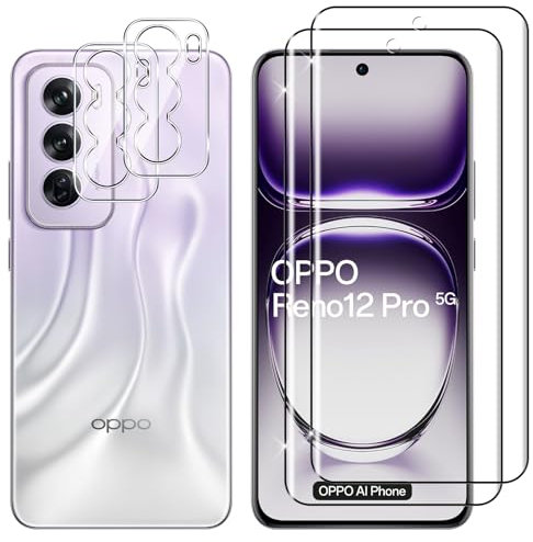 Lutree para OPPO Reno 12 Pro 5G (No Reno 12 5G) Cristal Templado, 2+2 Piezas 3D Protector de Pantalla + Protector de Lente de Cámara, Dureza 9H HD Anti-Arañazos Vidrio Templado Película Protectora
