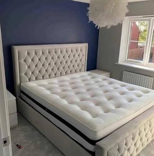 beds & bolts furniture Hilton Border Bed Frame Plush Velvet Upholstered Ottoman Storage (Cream, 3ft Single)