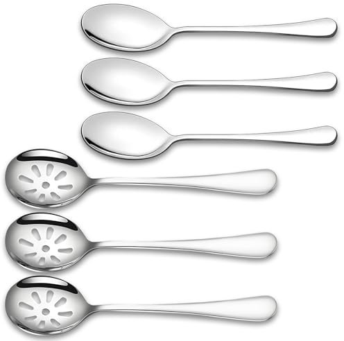 6PCS Serving Spoons Set, 3 Serving Spoons & 3 Slotted Spoons, Stainless Steel, 8.7 in Dessert Spoons Advanced Performance Skimmer for Buffet, Family Party, Home Kitchen