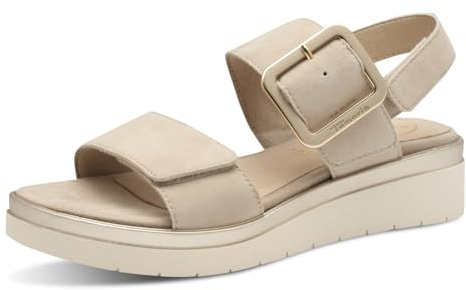 Tamaris Comfort Damen Sandalen flach aus Leder mit Schnalle, Beige (Beige Suede), 39 EU