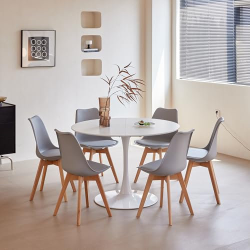 BenyLed Set de Mesa Redondas y 6 Sillas para Cocina, Terraza, Jardín, Balcón o Comedor, Sillas Grises+Mesa Blanca (110 * 110 * 75cm)