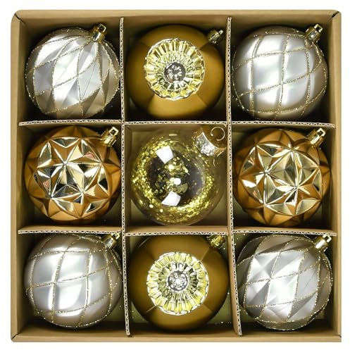 Beinhome Weihnachtskugeln 9 TLG. 8cm Plastik Christbaumkugeln Set Christbaumschmuck für Weihnachtsbaum Dekoration Weihnachtsdeko Hausdeko Elegant Thema Gold Silber