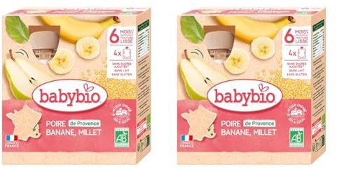 Babybio - Gourdes Fruits - Poire de Provence Banane Millet 4x90 g - 6+ Mois - BIO (Lot de 2)