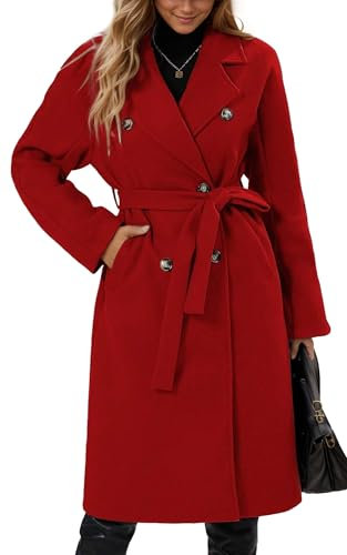 Maeau - Manteau Long Femme Double Boutonnage avec Ceinture Veste en Tweed Long Blazer Chaud Élégant Classique Trench-coat Col Revers Automne Hiver - Rouge - S