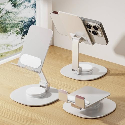LISEN Mobile Phone Stand Adjustable Phone Holder for Desk, 360° Rotation for iPhone Stand Holder Portable Office Accessories All Metal Silver for iPhone 16 15 14 Plus Pro 4-8 Device MINI iPad 10