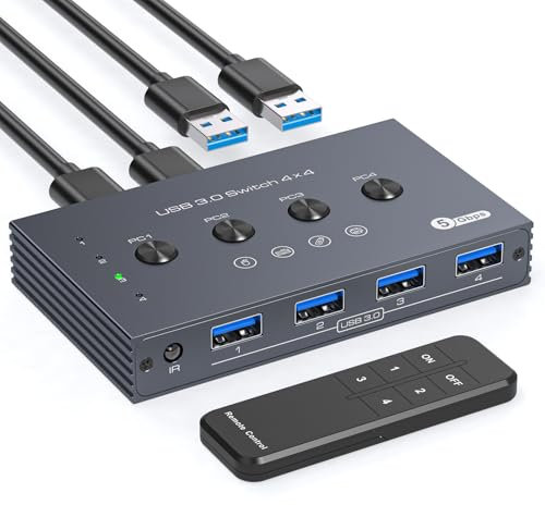 TJCXELE USB Switch 4 Computers USB 3.0 Switcher Selector 4 in 4 out for 4 Computer Sharing 4 USB Devices Keyboard, Mouse, Printer, Scanner, U Disk with Remote Control and 4 USB 3.0 A to A Cables
