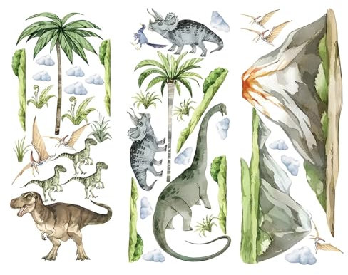 Large Dinosaur Wall Art - Tropical Animal Dino Palm Tree Plants Decals, Jungle Animal Tree Branch Watercolor Stickers for Baby Nursery Kids Bedroom Decor