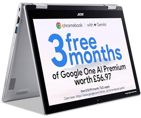 Acer Chromebook Spin 312 CP312-1H Convertible Laptop - Intel N100, 4GB, 128GB eMMC, Integrated Graphics, 12.2 Inch WUXGA Touchscreen, Google Chrome OS, Silver
