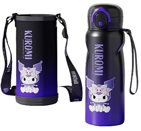 SZTVECFW Botella de Agua con Aislamiento de Acero Inoxidable Kuromi con Bolsa - Negro 480 ml