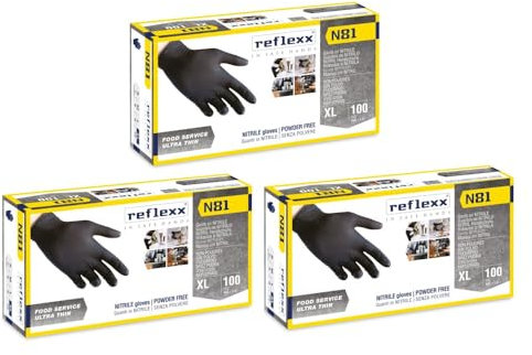 Generico Guanti Nitrile Nero Reflexx N81, Guanti Monouso Nitrile (100/300/1000 Pezzi) Guanti Usa e Getta per Alimenti, Uso Ho.Re.Ca. (300 Pezzi, Taglia XL)