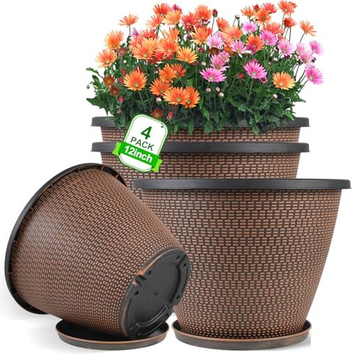Macetas de 12 pulgadas para plantas, paquete de 4 macetas grandes para exteriores con agujeros de drenaje y platillos, macetas de plástico para plantas de interior, macetas decorativas de jardín para