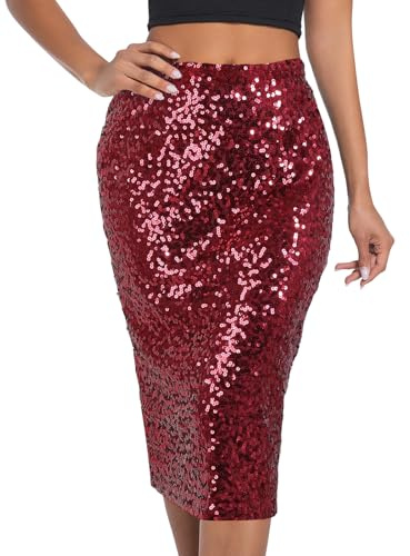 BALAYSIER Damen Glitzer Rock mit Futter Elastische Taille Pailletten Rock Midi Bleistiftrock für Bankette und Partys
