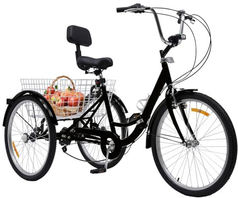 soudesileim 24 Zoll Dreirad Fahrrad Klappbar, 7-Gang, V-Bremse, Haltebremse, Dreirädrige Fahrräder mit Einkaufskorb 55x45x28cm, Dreirad für Erwachsene, Senioren (Schwarz)