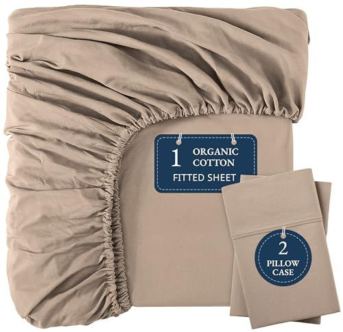 LANE LINEN Organic Cotton King Fitted Sheet – Ultra Soft & Breathable with 2 Pillow Covers, 35cm Deep Pocket, Elastic Edges Bottom Sheet - Taupe