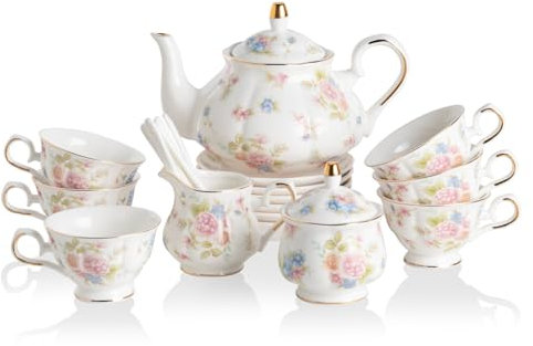 Sweejar Home 21 Pieces Porcelain Tea Sets, Tea Cups and Saucers Coffee Set of 6, Vintage Floral Gift Tea Service for Adults, Creamer Pitcher and Spoons, Suitable for Afternoon Tea Party(Small Flower)