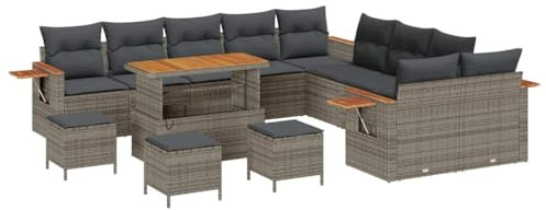 vidaXL 14-teiliges Garten-Sofa-Set mit Kissen in Grau aus Poly-Rattan und Akazie. Perfekt für 4 Personen. Wetterfest und modernes Design für Terrasse oder Garten.