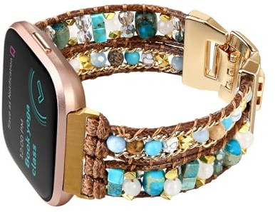 CHARMINGO Bracelet tressé bohème compatible avec Fitbit Versa 4/Versa 3/Sense/Sense 2 pour femme, fait à la main, bracelet de perles en pierre naturelle pour montre intelligente Fitbit, bleu
