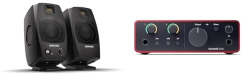 ADAM Audio D3V Active Desktop Monitoring System with USB-C Connection (Pair, Black) + Focusrite Scarlett Solo 4th Gen USB Audio Interface, for the Guitarist, Vocalist, or Producer