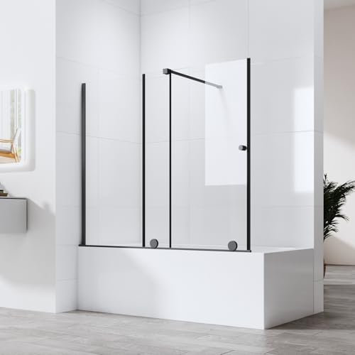 Boromal Duschwand für Badewanne mit Schiebetür, Duschwand Badewanne 125x120cm Badewannenaufsatz Duschtrennwand Duschabtrennung mit 6mm ESG Sicherheitsglas, Schwarz, Schiebetüren