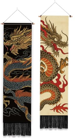 PLIGREAT 2 Paquete Tapiz de Pared con Tótem Dragón Tapiz de Pared Estilo Japonés con Borlas Estética Vintage Chino Tapiz Vertical para Dormitorio Salón Decoración del Hogar 130 x 33 cm