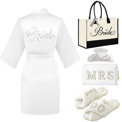 Defresit 5 Pcs Bride To Be Gift Set - Makeup Bag,Canvas Tote Bag, Slippers, Robe, Hair Clip - for Wedding Proposal Bridal Shower(Noble Style)