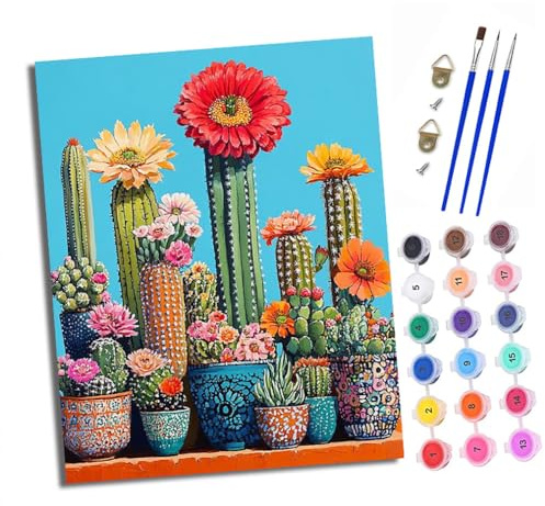 XXHXIE Peinture par Numéros pour Adulte DIY Peinture Acrylique pour Adultes Pots de cactus colorés débutants Facile sur Toile 40×50 cm avec peintures et pinceaux Flower Town(sans Cadre)