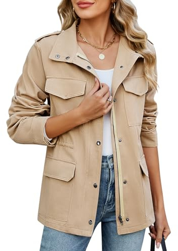 CMTOP Veste Femme mi Saison Court Léger Blouson en Coton, Décontracté Élégante Jacket Saharienne Veste Manteau avec Multi Poches pour Printemps Été Automne(Kaki Clair,M)