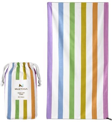Muztaga Mikrofaser Strandtuch - Sandfrei, Schnelltrocknend, Groß 160x90cm Gestreiftes Pooltuch für Erwachsene & Kinder, Leichtes Kompaktes Reisetuch mit Tasche für Ferien & Gym (Regenbogen)