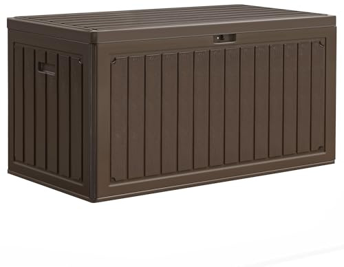 YITAHOME 303L Garden Outdoor Storage Box, HDPE Resin Deck Box with Lockable Lid & Side Handles, Waterproof Storage Bench for Patio Furniture, Cushions, Pool Gear & Garden Tools, Brown
