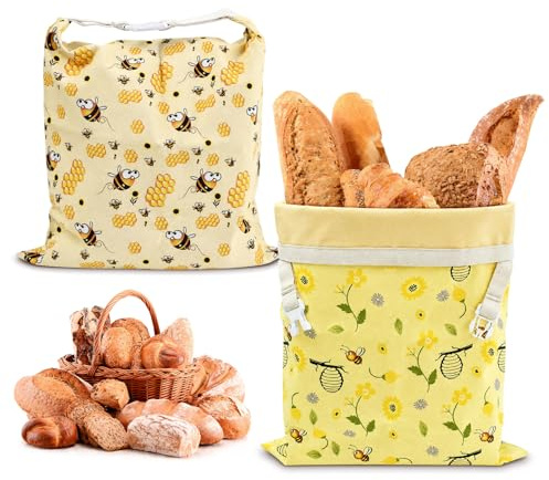2 Bolsas para pan reutilizables de cera de abeja 43×33 cm, Bolsa para Pan con Revestimiento natural de cera de abeja, Bolsa de algodón para Guardar Pan y Productos de panadería
