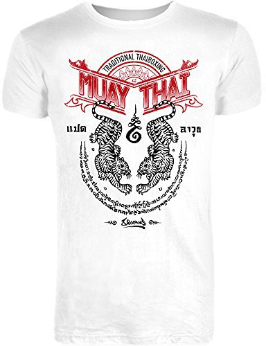 8 WEAPONS Muay Thai T-Shirt, Sak Yant Tigers, White, Thaiboxen, MMA Größe L