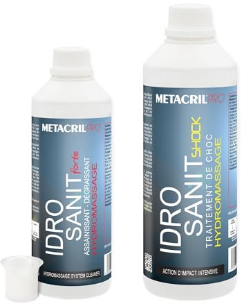 Metacril Pro Kit 2pz, Idro Sanit Forte 500 ML + Idro Sanit Shock 1 LT + dosatore graduato, Kit per la Pulizia di Impianti di Vasche Idromassaggio